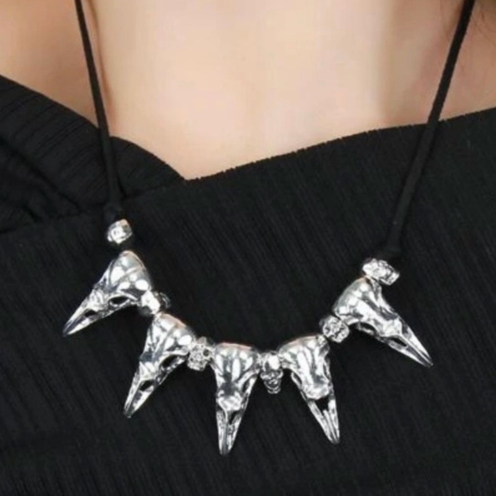 Bird Skull Bib Long Beak Avian Silver Skeleton Goth Choker Convertible Bracelet